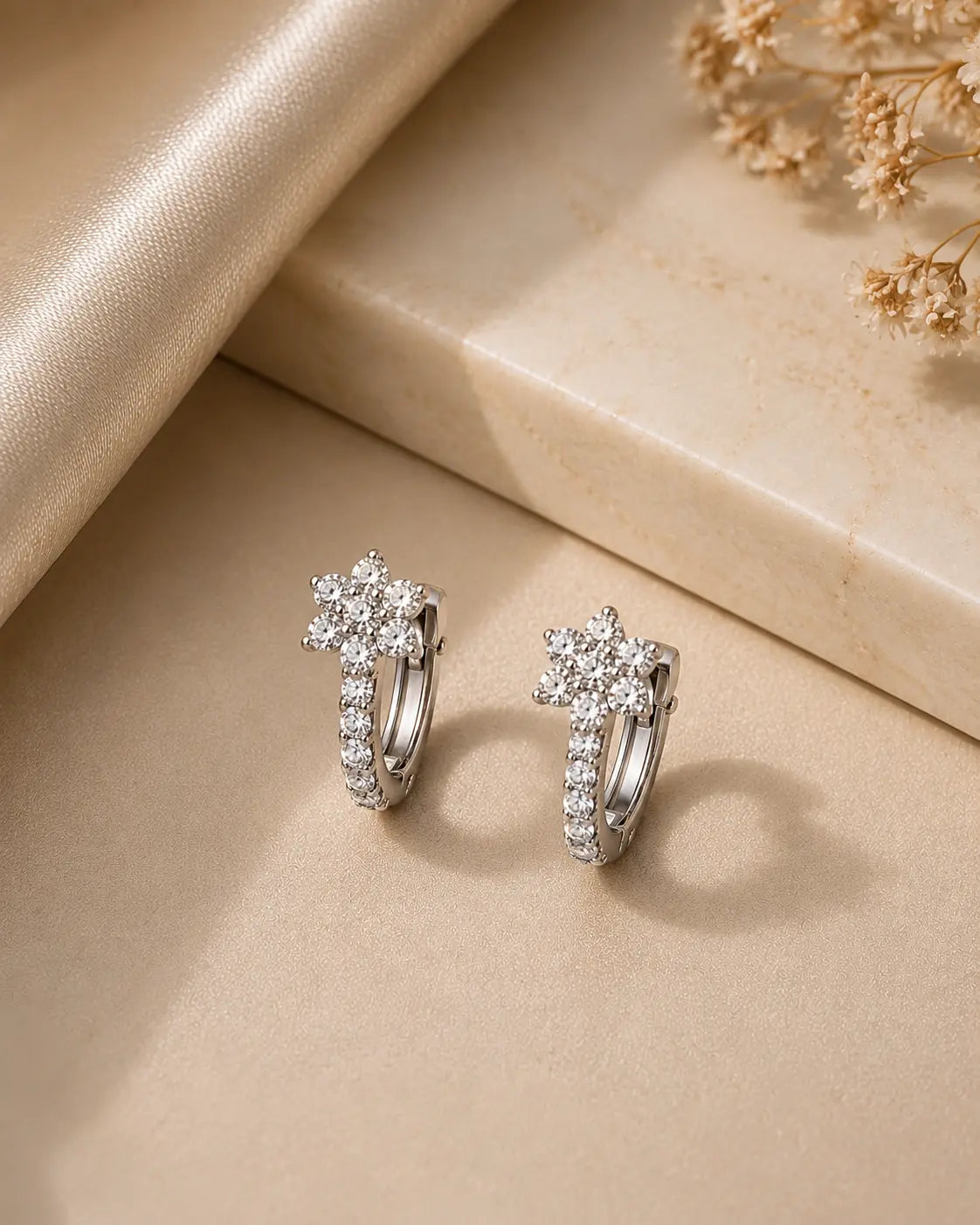 Crystal Flower Hoops | Anti Tarnish | CZ Stone with Rhodium Coating