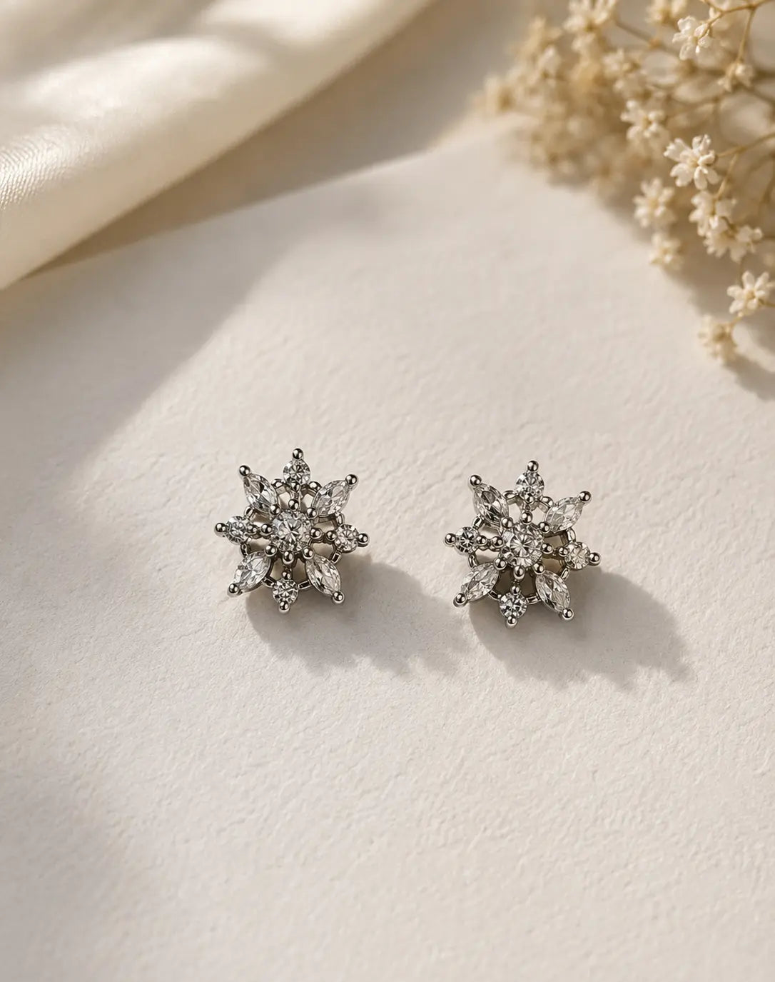 Crystal Snowflake Studs | High Grade Stainless Steel | Rhodium Coating | CZ Stone - Lab Diamond